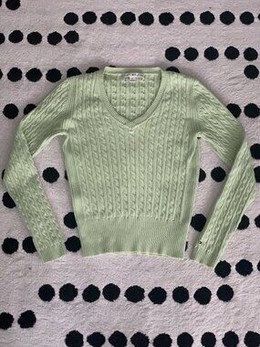 Vintage Y2K Tommy Hilfiger Sweater Women S Mint Fitted Stretch Cable Knit V-Neck
